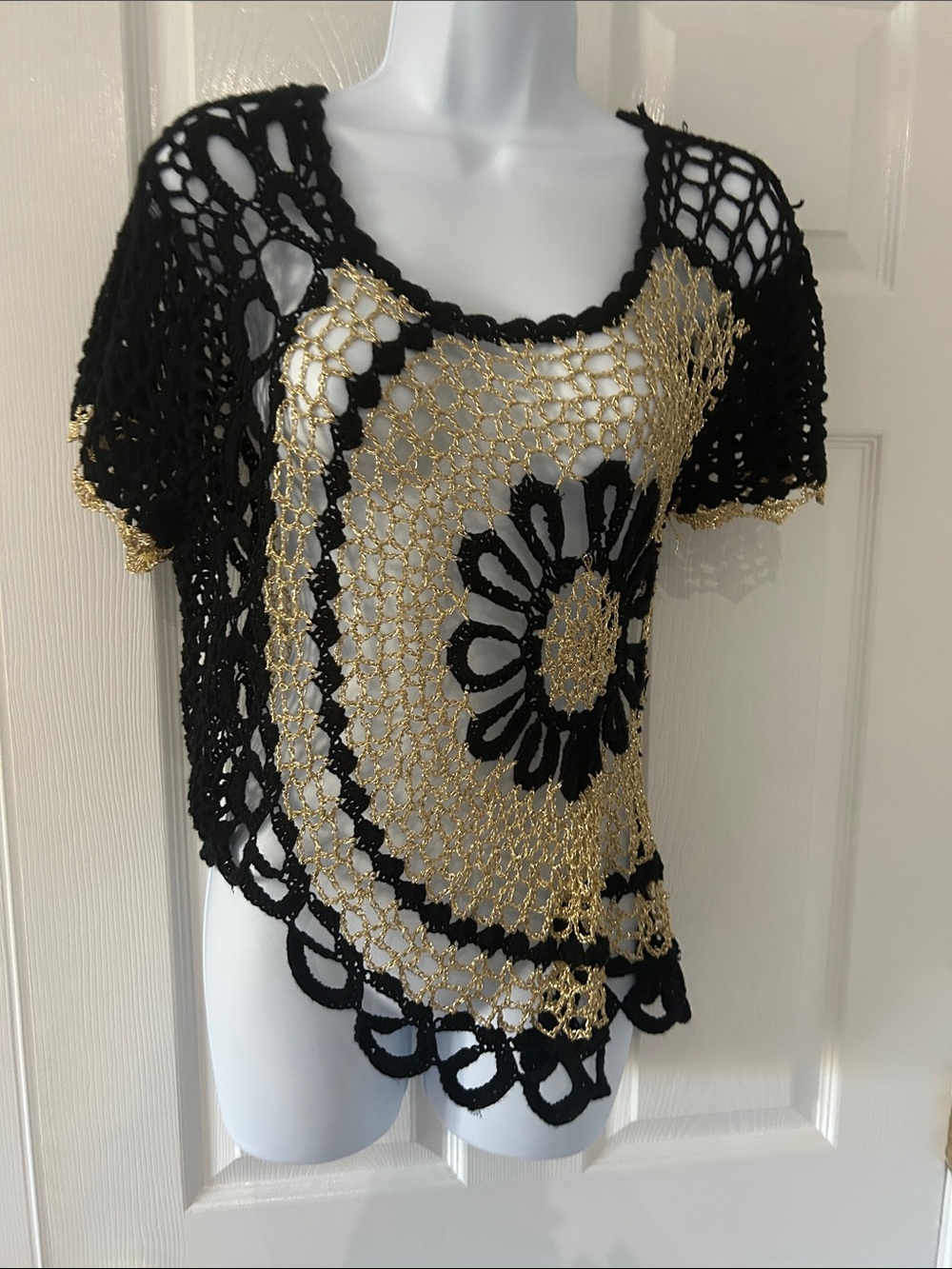 Black & Gold Crochet Short Sleeve Women's Top